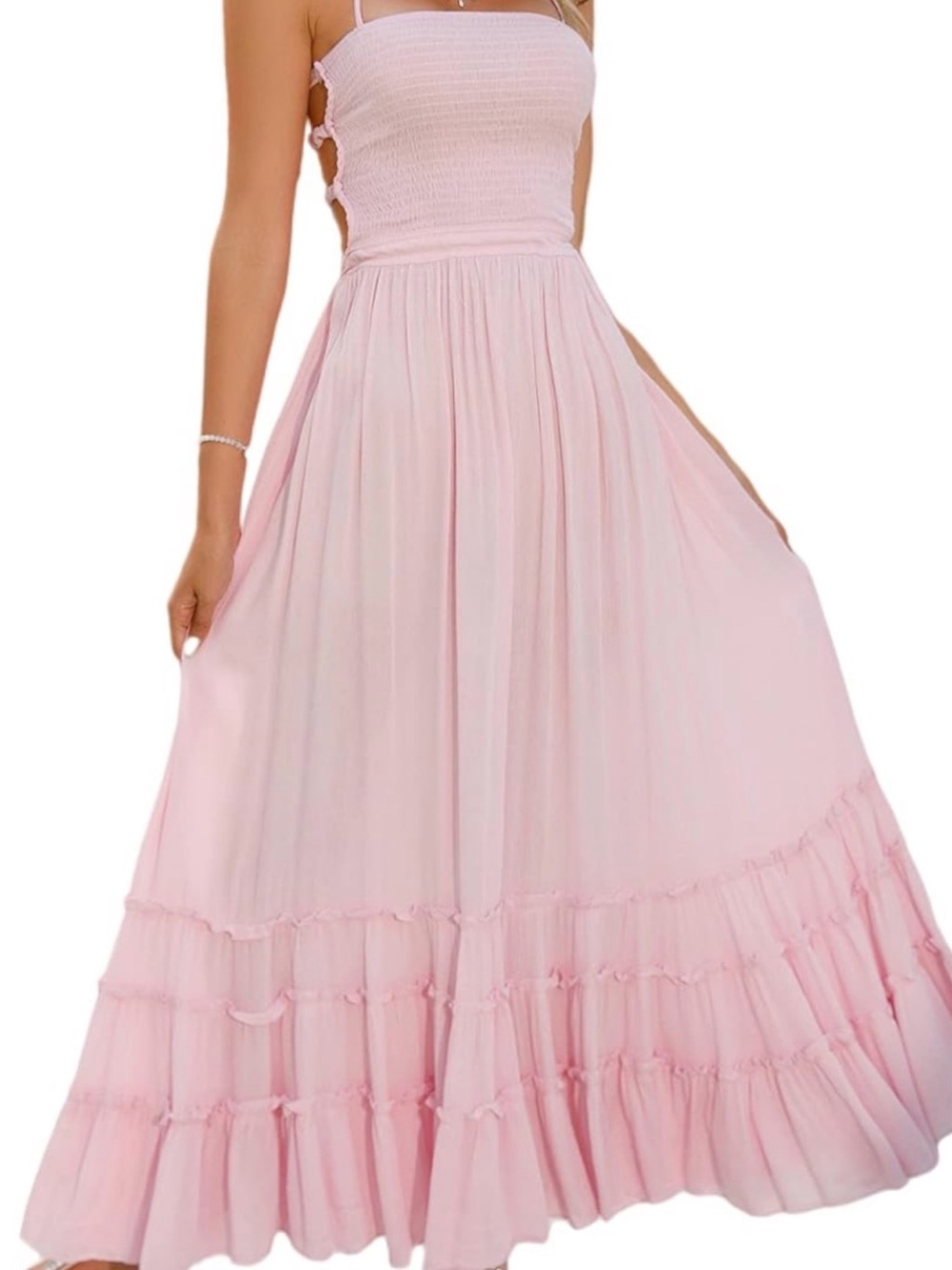 Light Pink Smocked Bodice Maxi Dress - Women's Summer Sundress